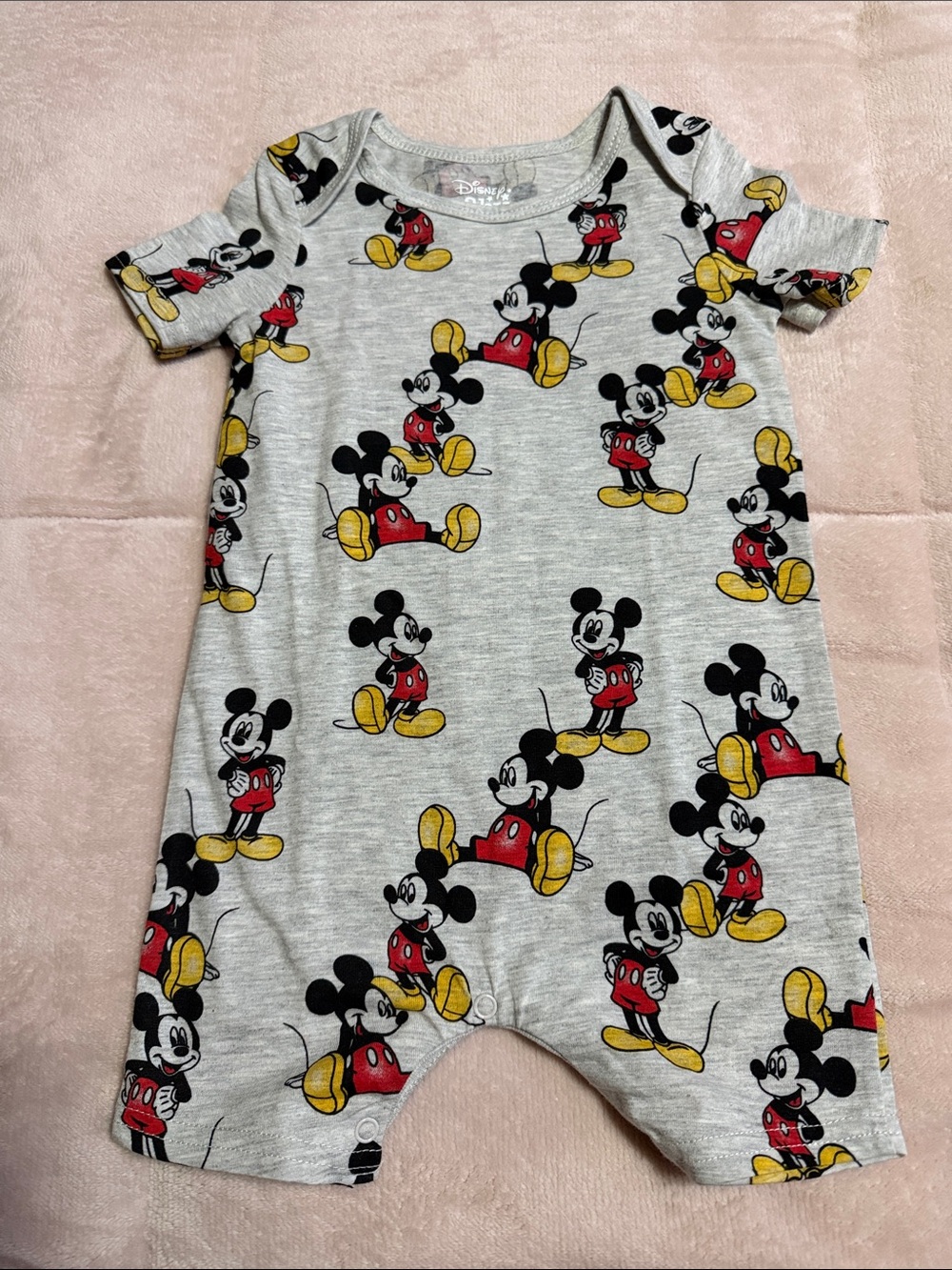 Disney Gray Mickey Mouse Short Sleeve Romper with Red & Yellow Prints